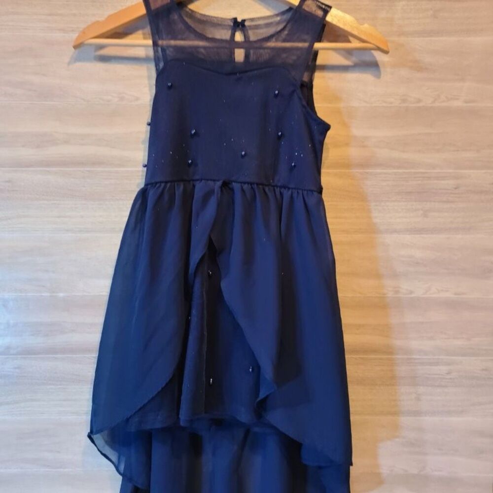 Girl 6X Navy Blue Hi-Low Chiffon Dress Beaded Party Flower Girl Special Occasion